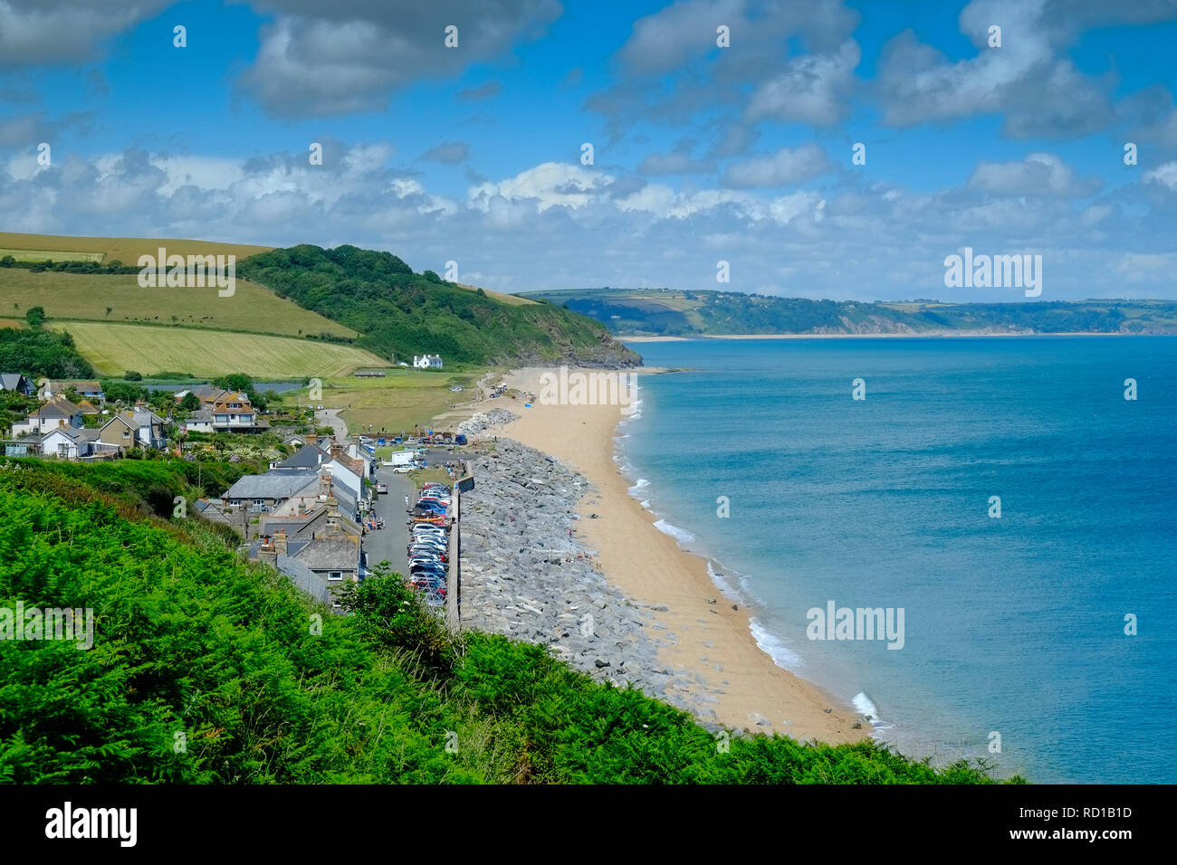 Blick auf Start Bay Richtung Torcross von oben Beesands Beach, South Hams. Devon. GROSSBRITANNIEN Stockfoto
