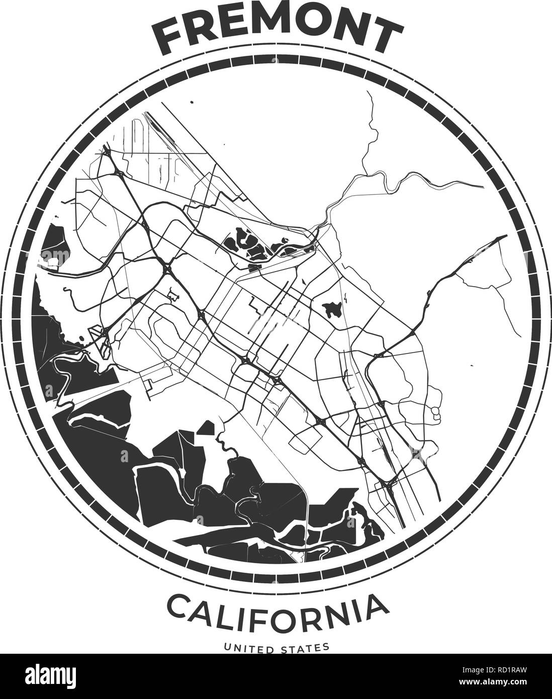 T-Shirt map Abzeichen von Fremont, Kalifornien. T-Shirt print Typografie label Abzeichen Emblem. Vector Illustration Stock Vektor