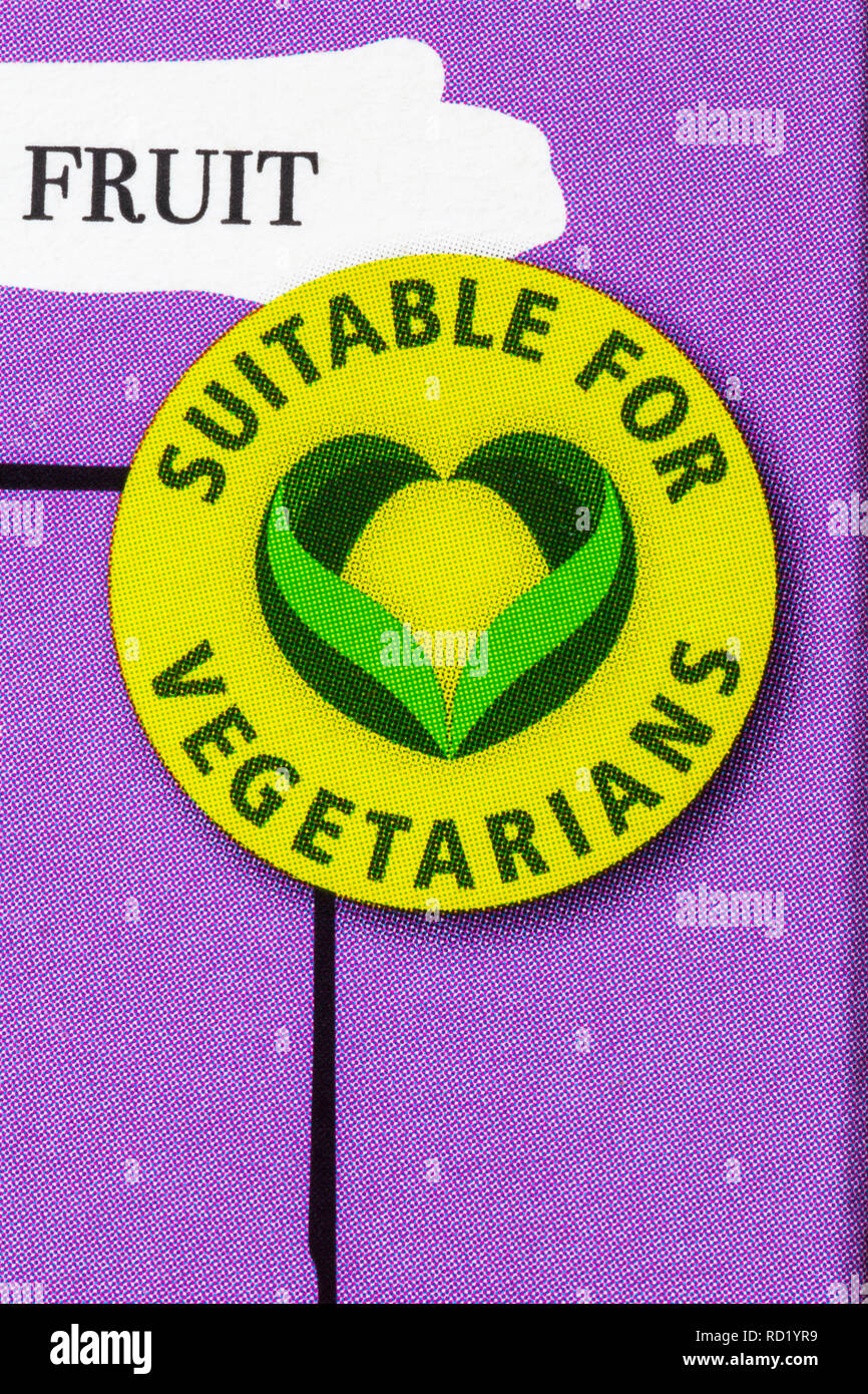 Für Vegetarier geeignet Symbol Logo auf der Verpackung von Obst & peanut nougat Stockfoto