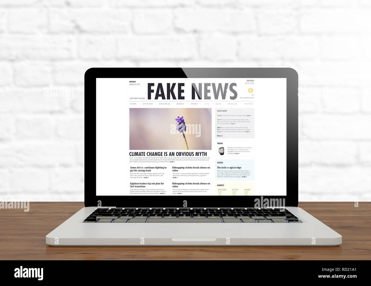 3D-Rendering von gefälschten Nachrichten Web site Laptop auf dem Desktop Stockfoto