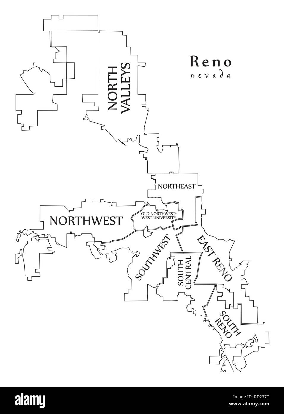 Moderne Stadtplan - Reno Nevada Stadt der USA mit Nachbarschaften und Titel Übersichtskarte Stock Vektor