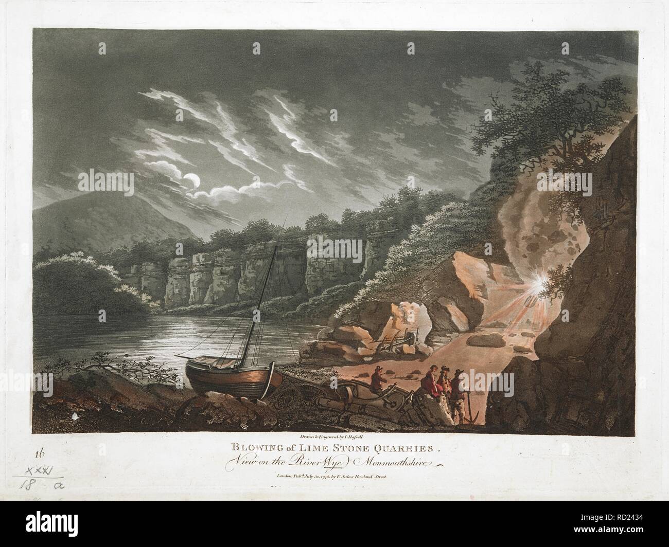 Blasen der Kalk Steinbrüche, eine Aussicht auf den Fluss Wye, Monmouthshire. Zahlen, die von einer Felswand; ein Körper von Wasser in der Nähe; ein Boot am Ufer; Bäume in der gesamten Szene; eine Lampe und Moonlight, die die Szene beleuchten. . Blasen der Kalk Steinbrüche, eine Aussicht auf den Fluss Wye, Monmouthshire, von Hassell, 1798. London: Pubd am 30. Juli 1798 von F. Jukes Howland Street. 1 Drucken: aquatinta und Ätzen mit hand-Färbung; Platte 26 x 35 cm auf Blatt 28 x 38,2 cm. Quelle: Maps.K.. 31.18. Ein. Autor: Hassell, John. Stockfoto