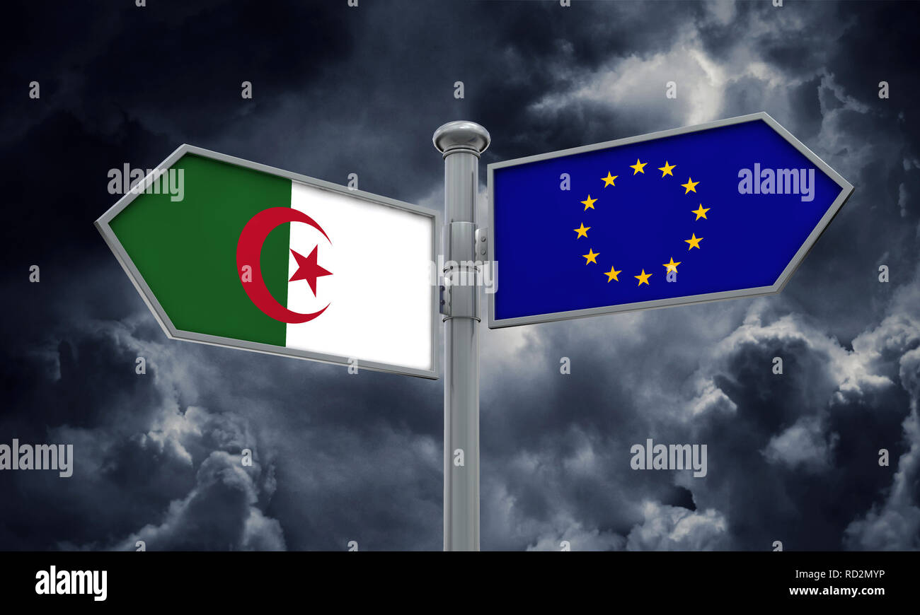 Algerien und die Europäische Union Wegweiser. Bewegen sich in verschiedene Richtungen. 3D-Rendering Stockfoto