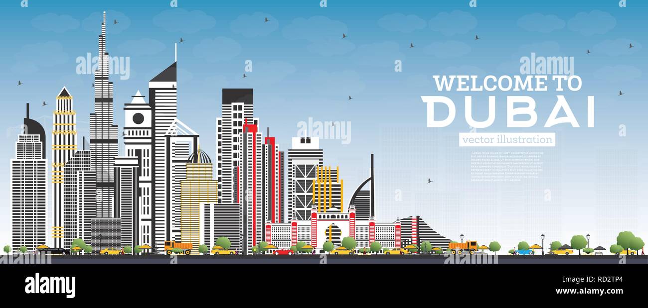 Nach Dubai UAE Skyline mit grauen Gebäuden und blauer Himmel willkommen. Vector Illustration. Business Travel und Tourismus Konzept mit moderner Architektur. Stock Vektor