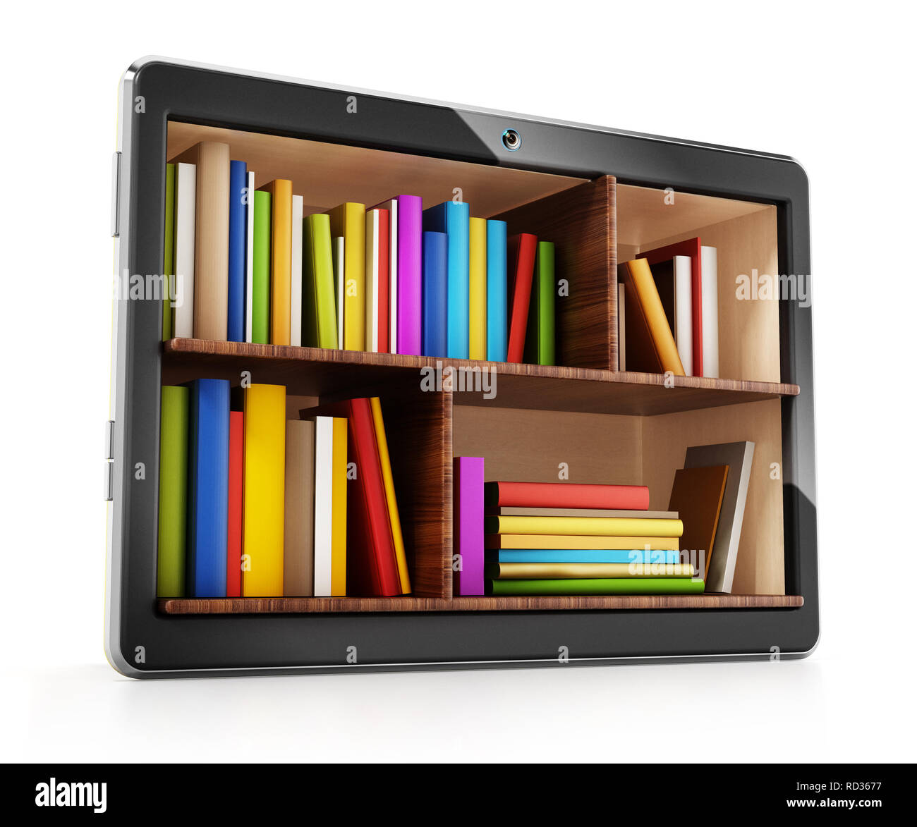 Bücher innerhalb generischer Tablet-PC. 3D-Darstellung. Stockfoto