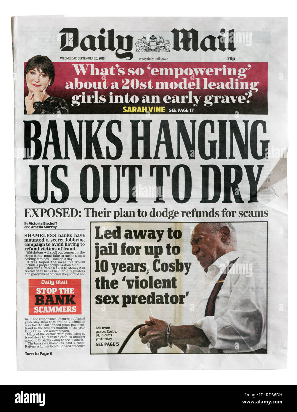 Die Titelseite der Daily Mail vom 26. September 2018 mit der Geschichte, dass die Banken versuchen, Erstattung scam Opfer zu vermeiden Stockfoto