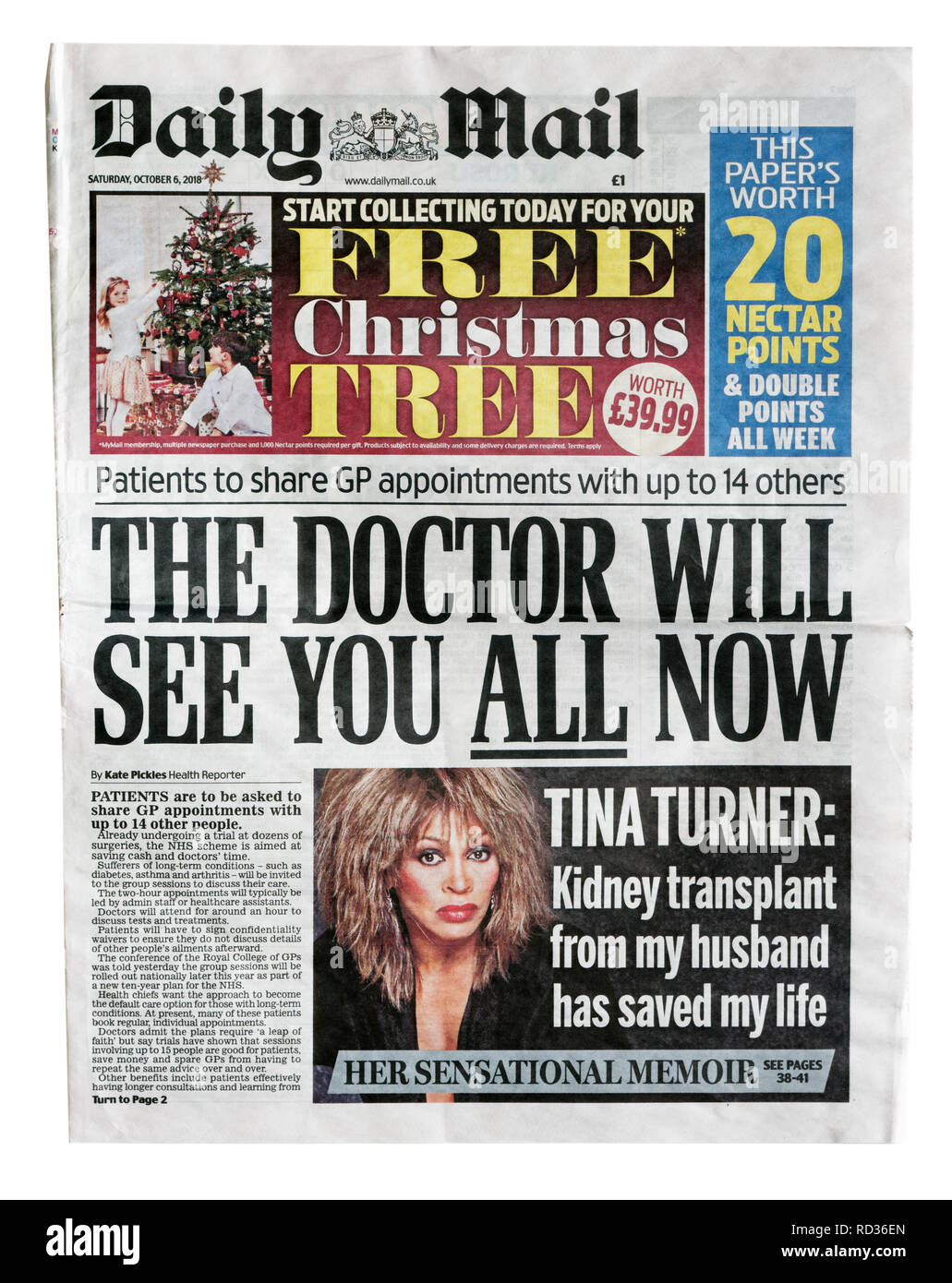Die Titelseite der Daily Mail vom 6. Oktober 2018 mit der Geschichte, dass der NHS ist gemeinsame Termine, die versuchen, mit vielen Patienten auf einmal Stockfoto