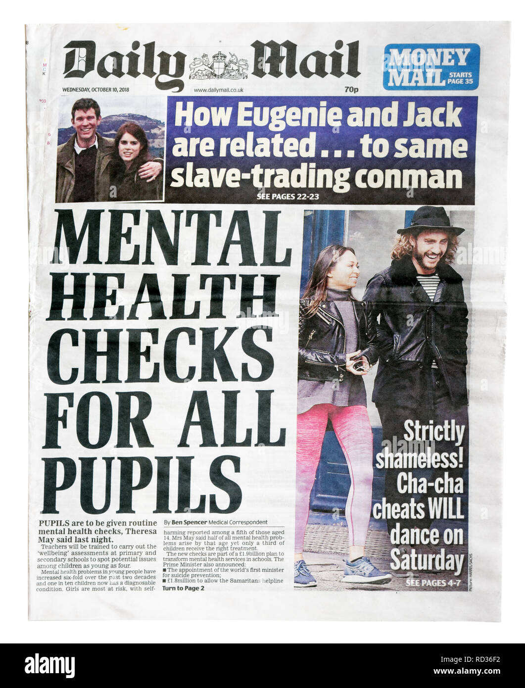 Die Titelseite der Daily Mail vom 10. Oktober 2018 mit der Schlagzeile der psychischen Gesundheit Prüfungen für alle Schülerinnen und Schüler Stockfoto