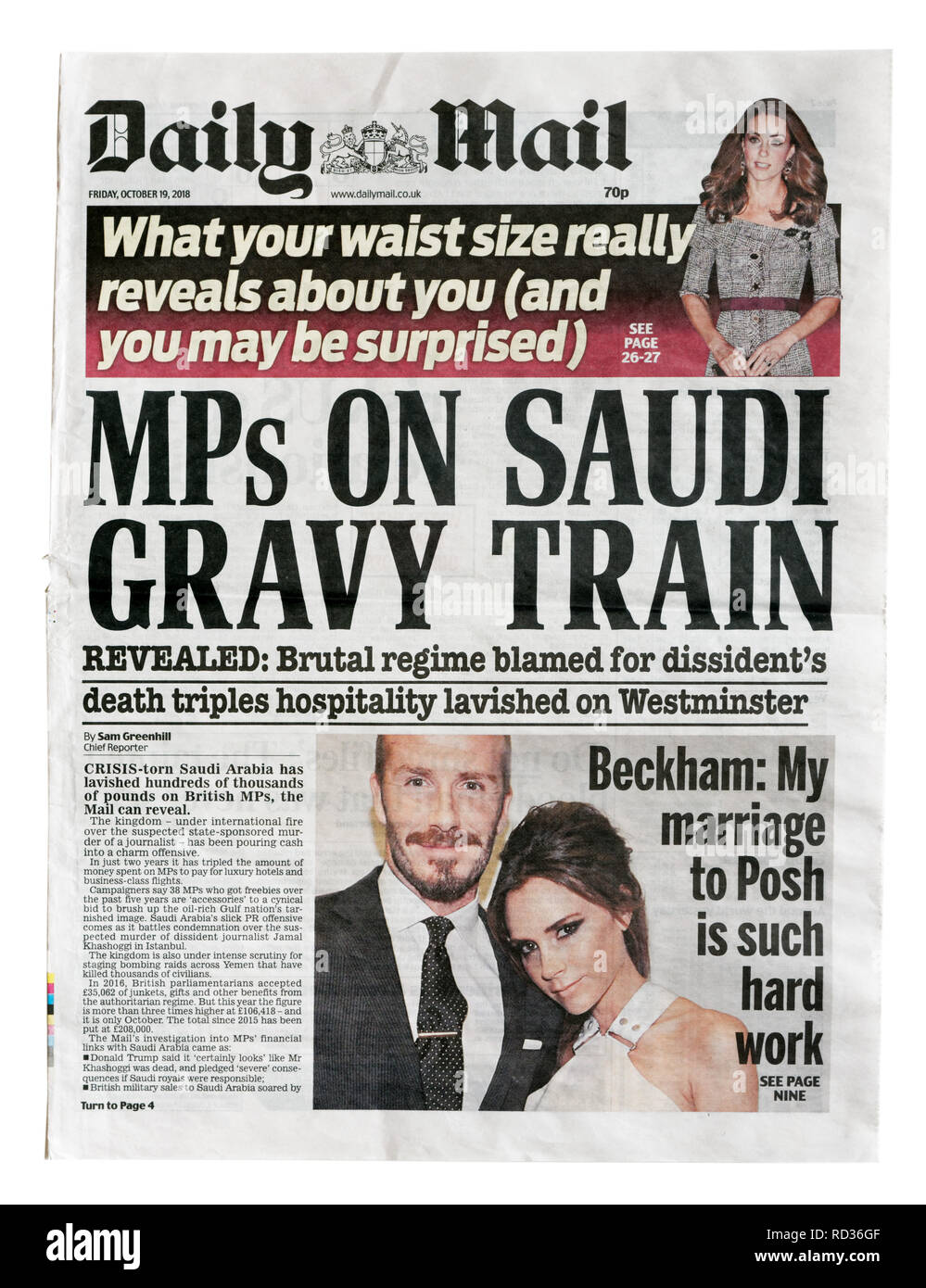 Die Titelseite der Daily Mail vom 19. Oktober 2018 mit der Schlagzeile MPs auf Saudi Absahnerei, über MPs akzeptieren Saudi Gastfreundschaft und Geschenke. Stockfoto