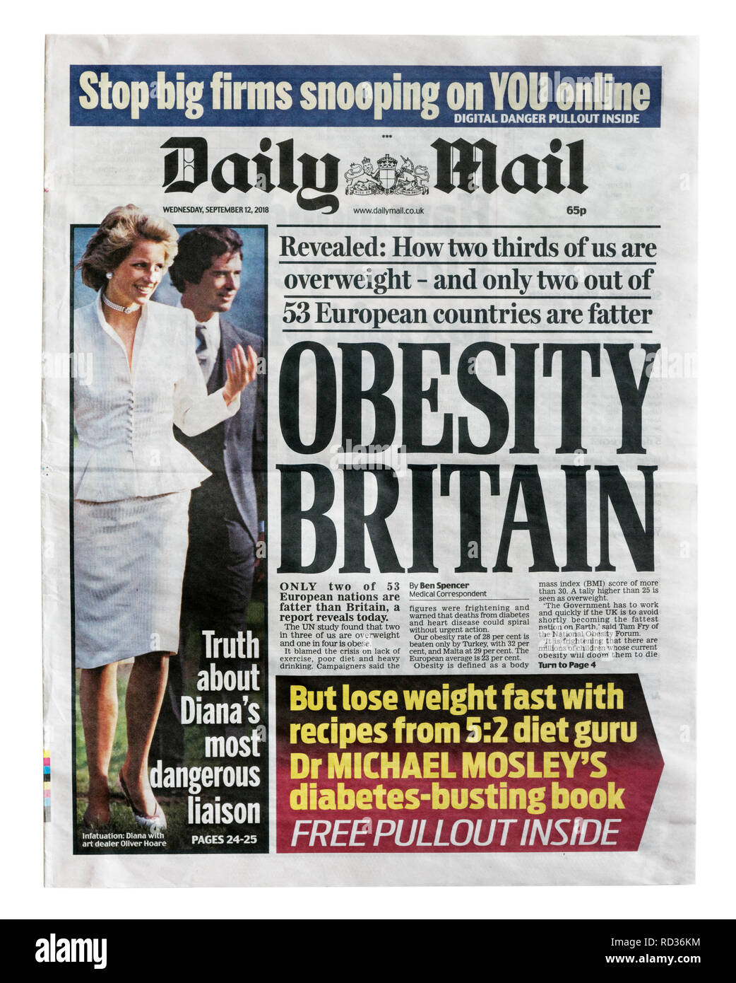 Die Titelseite der Daily Mail vom 12. September 2018 mit der Überschrift Übergewicht Großbritannien, über die hohe Rate von Korpulenz in Großbritannien Stockfoto