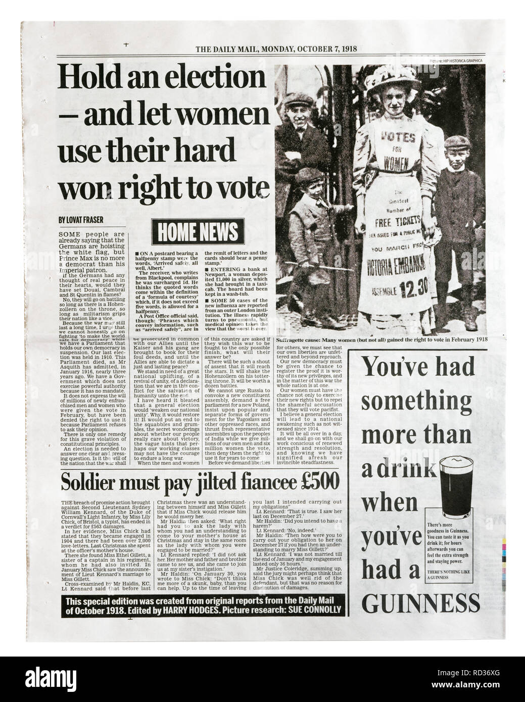 Die Rückseite einer Reproduktion Daily Mail vom 7. Oktober 1918 Aufruf für eine Wahl zu ermöglichen, Frauen Stockfoto