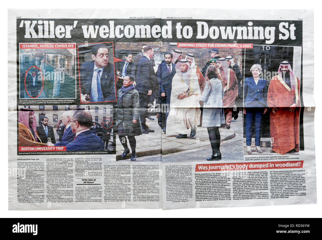 Eine Doppelseite der Daily Mail vom 20. Oktober 2018 mit der Schlagzeile Killer zu begrüßen Downing Street Stockfoto