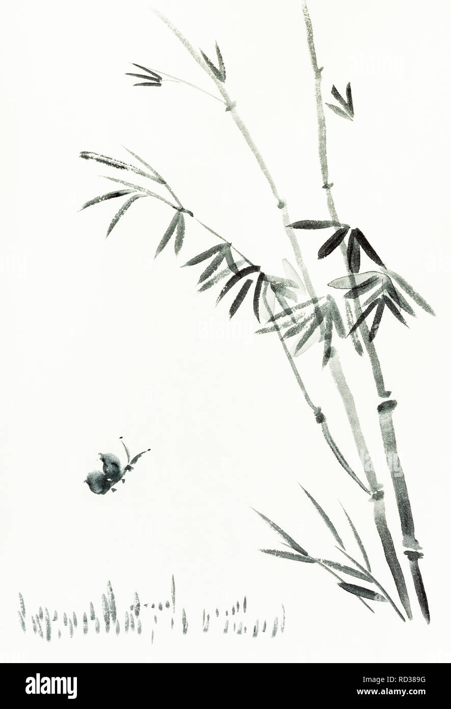 Ausbildung Zeichnung in Sumi-e (suibokuga) Stil mit Wasserfarben - Butterfly in der Nähe von Bamboo Bush ist von Hand auf cremigem Papier gezeichnet Stockfoto