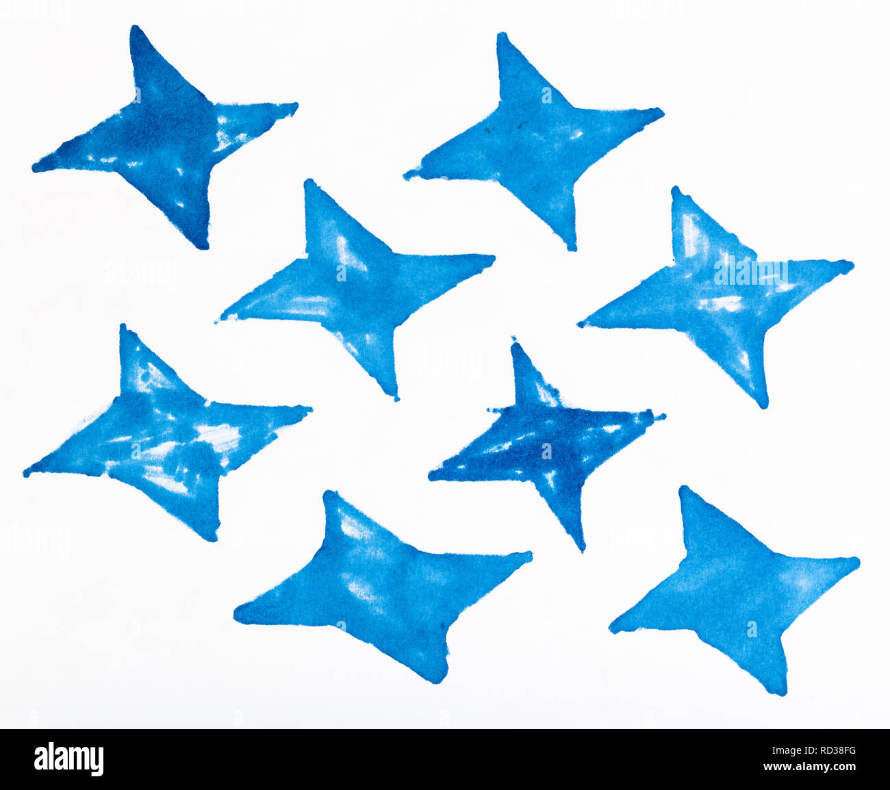 Abstrakte handgezeichnete Muster auf weißem Papier durch die blauen Filzstift - einfache Ornament aus vier-spitz geformten Sterne Stockfoto