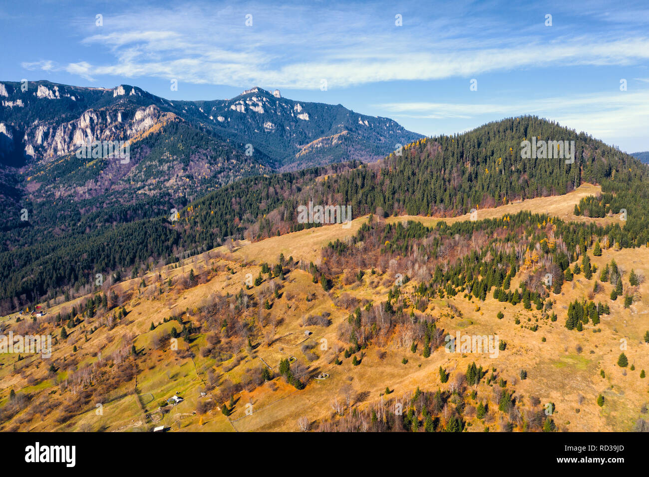 Herbst auf der Weide und Rocky Mountain in den rumänischen Karpaten. Stockfoto