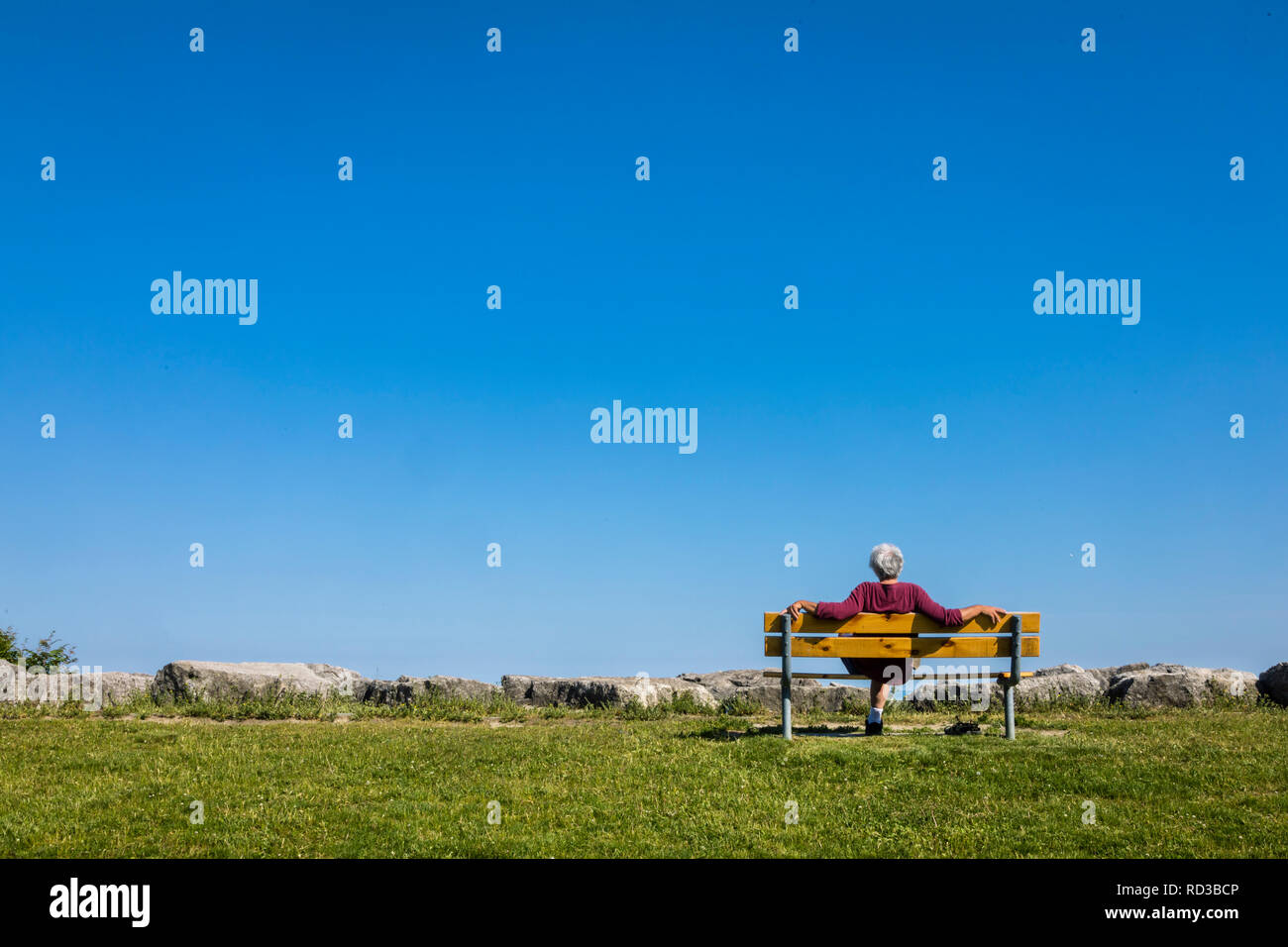 Reifer Mann sitzen auf einer Bank mit Blick auf mit offenen Armen von der Rückseite. Stockfoto