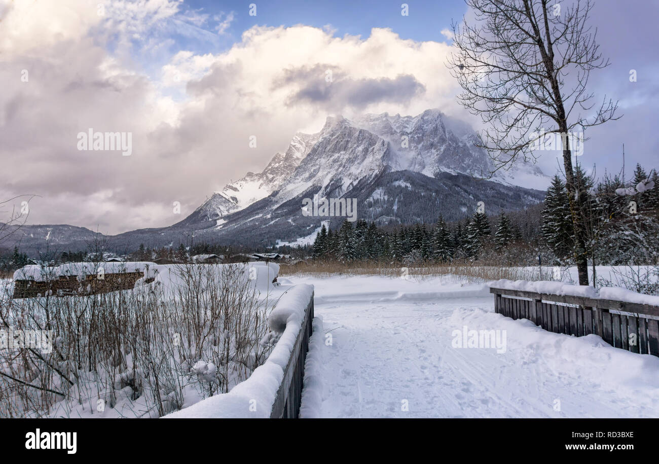 Das Zugspitzmassiv aus dem Tal von Ehrwald, oben auf dem Berg zum Teil in den Wolken, am Nachmittag. Winter Berglandschaft. Stockfoto