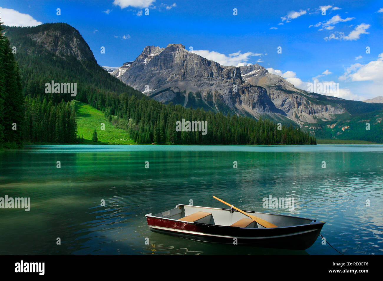 Ruderboot am Emerald Lake, kanadische Rockies, Yoho National Park, British Columbia, Kanada Stockfoto