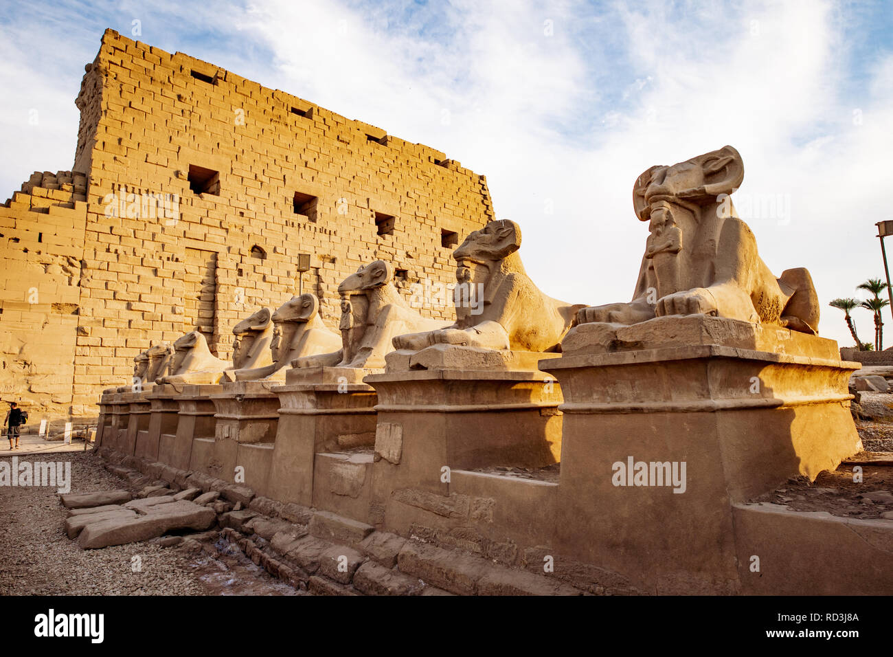Karnak Tempel in Luxor bei Sonnenuntergang und der Ram vorangegangen Sphinx Statuen vor Stockfoto