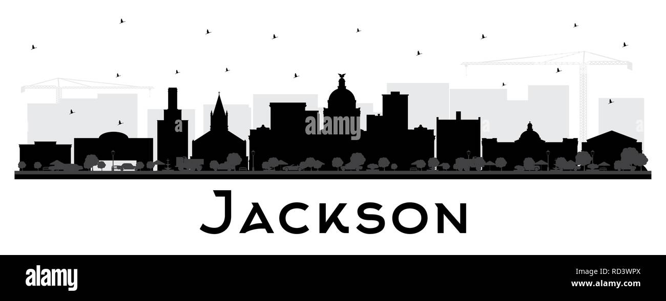 Jackson Mississippi Skyline der Stadt Silhouette mit schwarzen Gebäude isoliert auf Weiss. Vector Illustration. Tourismus Konzept mit historischer Architektur. Stock Vektor