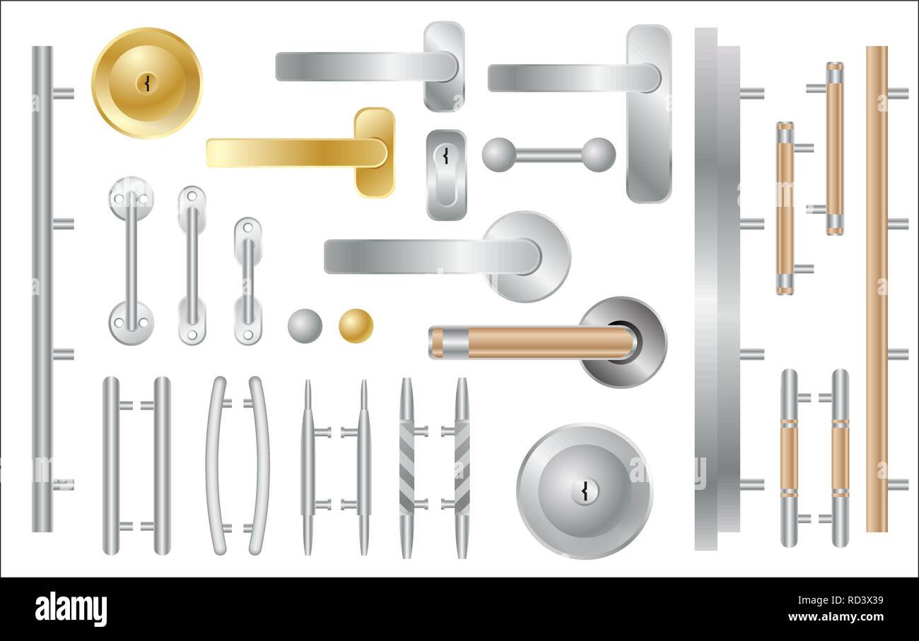 Türgriffe Set isoliert auf Weiss. Zubehör für Fenster und Türen. Vector Illustration. Stock Vektor