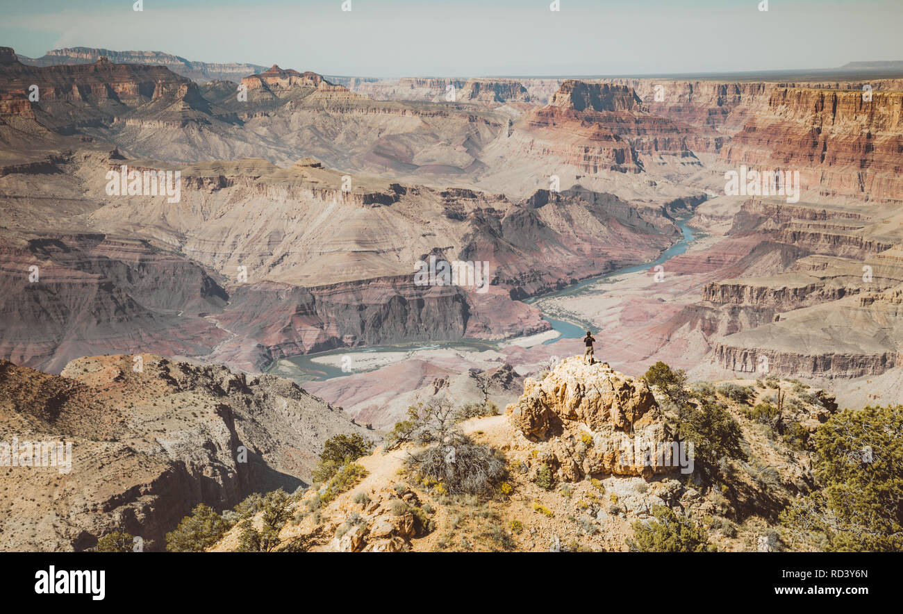 Ein männlicher Wanderer steht auf einer Klippe mit Blick auf den berühmten Grand Canyon National Park mit dem Colorado River fließt auf einer schönen, sonnigen Stockfoto