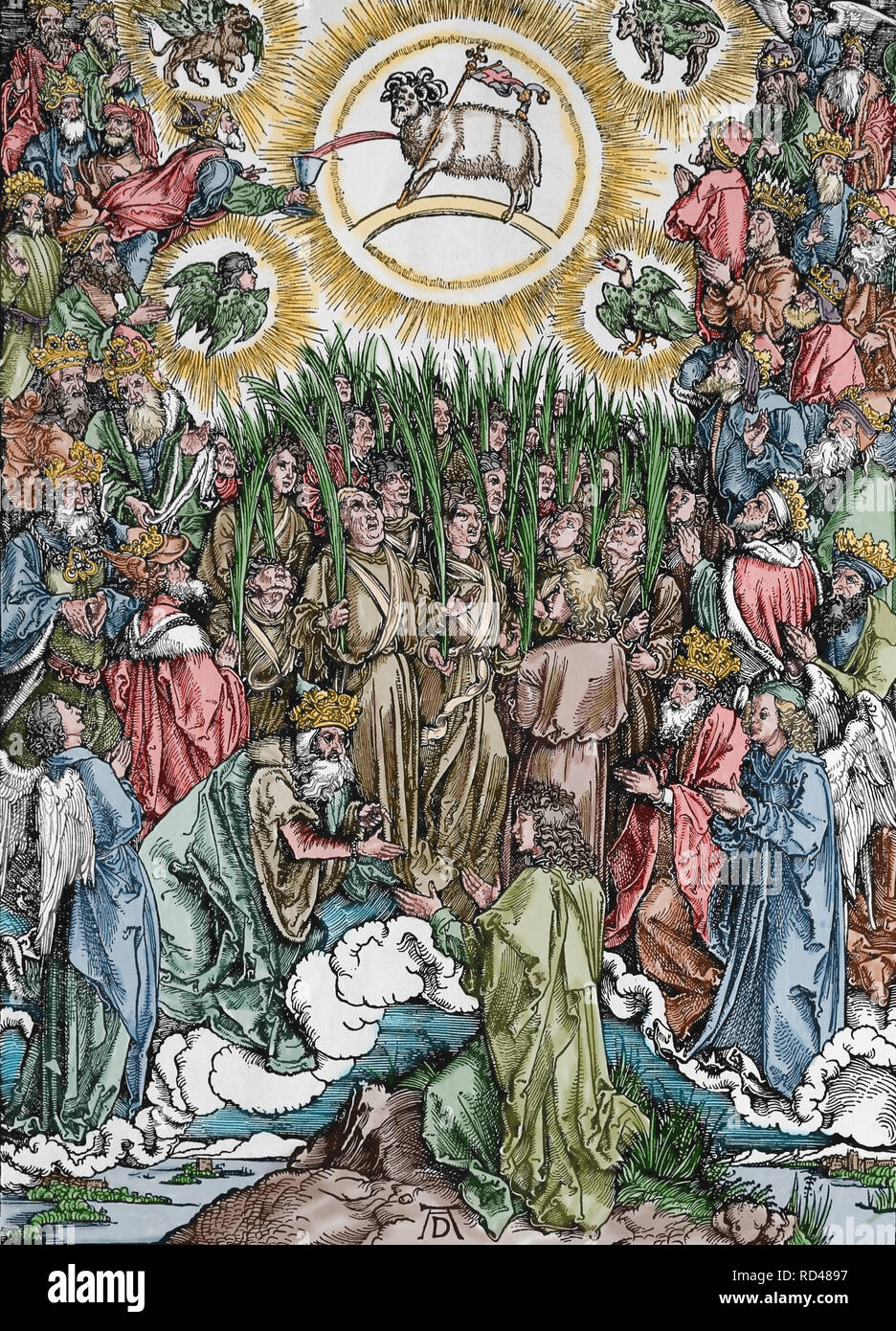Der Hymnus in der Anbetung des Lammes. Apokalypse. Holzschnitt von Albrecht Dürer. 1498. Stockfoto Der Hymnus in der Anbetung des Lammes. Apokalypse. Holzschnitt von Albrecht Dürer. 1498. Stockfoto