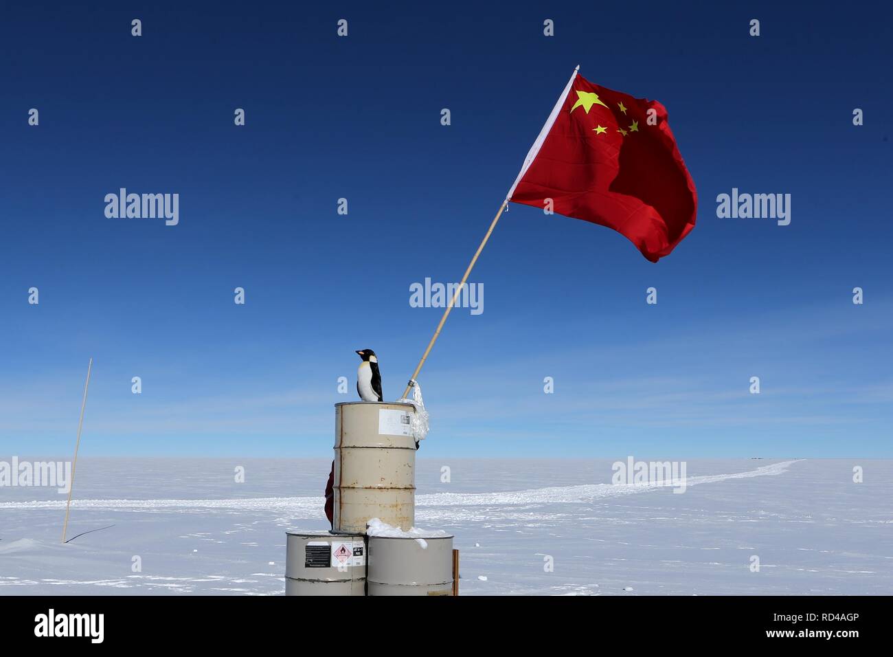 Antarktis, Antarktis. 16 Jan, 2019. Der chinesischen Nationalflagge ist im Bereich der Dome Argus (Dome A), die Spitze der Antarktis inland Eiskappe gesehen, in der Antarktis, Jan. 16, 2019. Credit: Liu Shiping/Xinhua/Alamy leben Nachrichten Stockfoto
