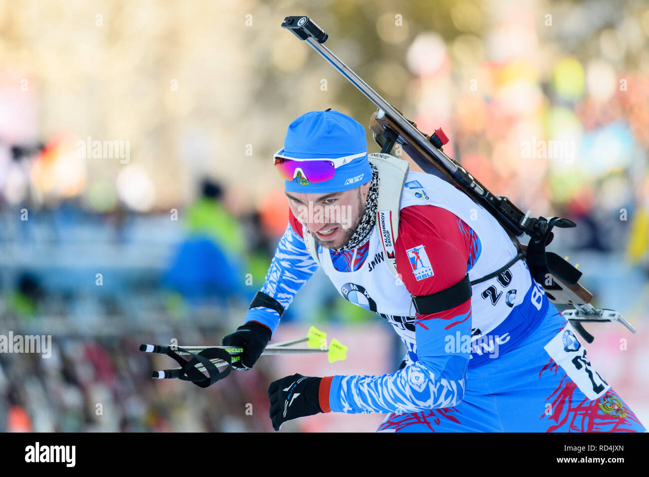 Ruhpolding, Deutschland. 17 Jan, 2019. Biathlon: Wm, 10 km Sprint für Männer in der Chiemgau Arena. 5.-platzierte Alexander Loginov aus Russland verlässt den Schießstand. Credit: Matthias Balk/dpa/Alamy leben Nachrichten Stockfoto