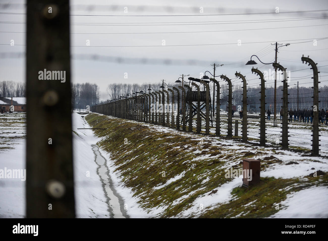 Einen allgemeinen Überblick über die Zäune der ehemaligen NS-Vernichtungslager Birkenau. Die Erinnerung an den Holocaust Tag findet am 27. Januar, wo die Überlebenden der 74. Jahrestag der Befreiung von Auschwitz Feierlichkeiten teilnehmen wird. Stockfoto