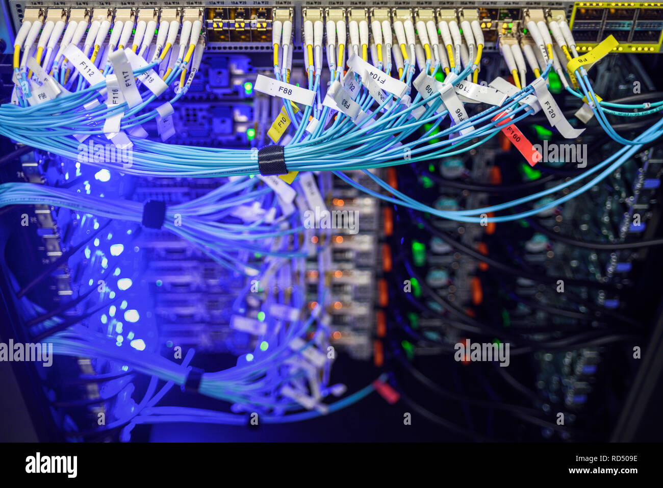 Netzwerk Hardware perfekt organisiert. Etiketten mit Portnummern auf Drähte Stockfoto