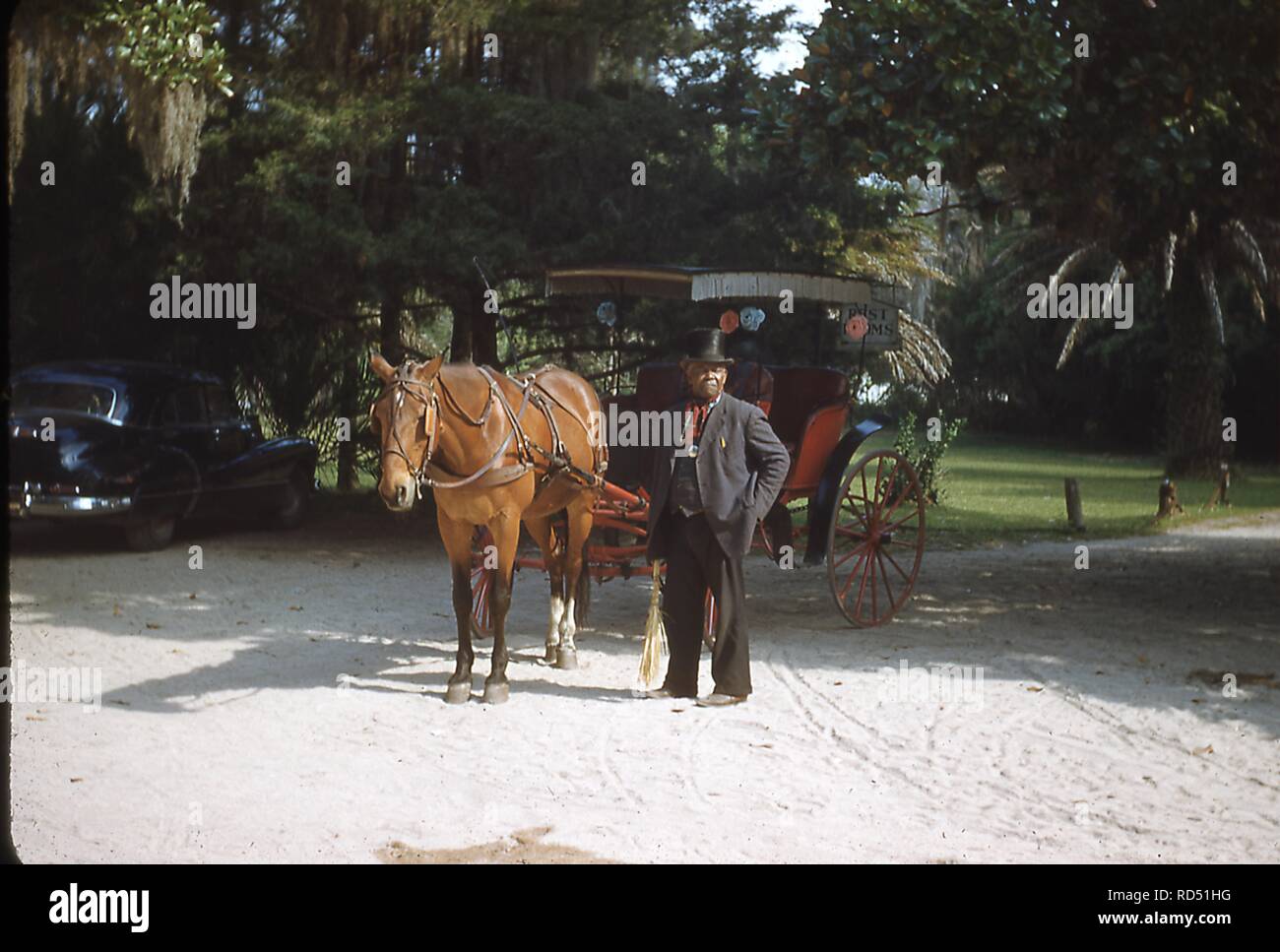 Portrait einer afrikanischen amerikanischen Hansom Cab Driver neben seinem Pferd und Kutsche posiert, an meinem alten Kentucky Home State Park in Bardstown, Kentucky, Oktober, 1953. () Stockfoto