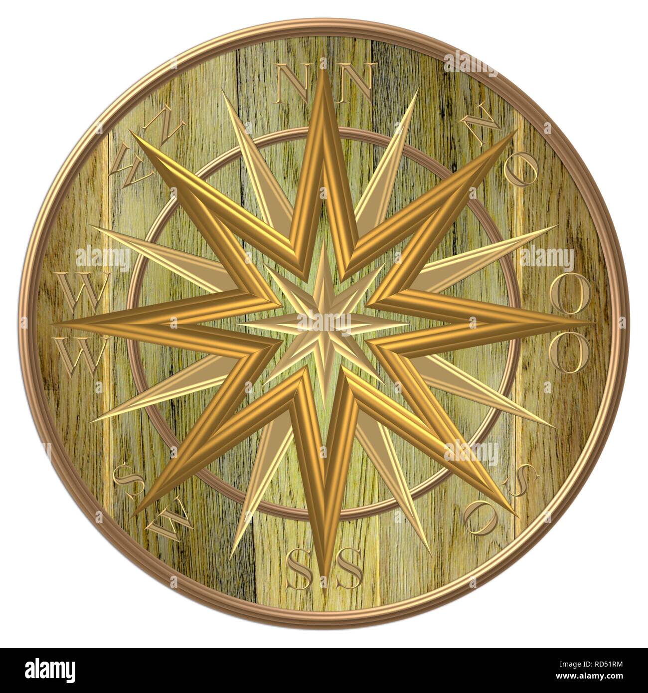 Goldener Kompass - Windrose - Steuerrad Stockfoto
