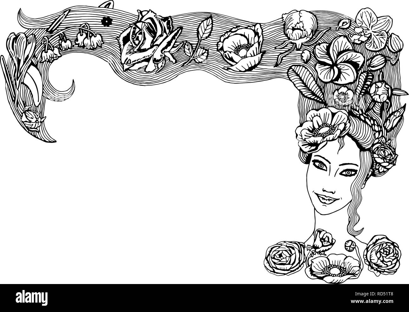Abbildung: Schöne junge Mädchen mit langen Haaren, Blüten, Knospen, Blätter in der Frisur. Feder Mädchen mit Flora in Haar für Grußkarten. Stock Vektor