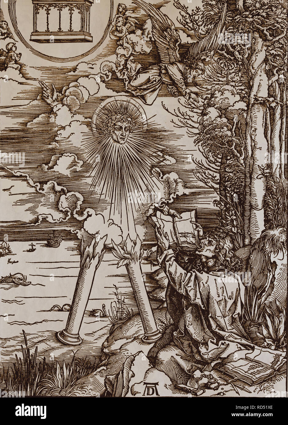 St. John essen das Buch. Apokalypse. Holzschnitt von Albrecht Dürer. 1498. Stockfoto