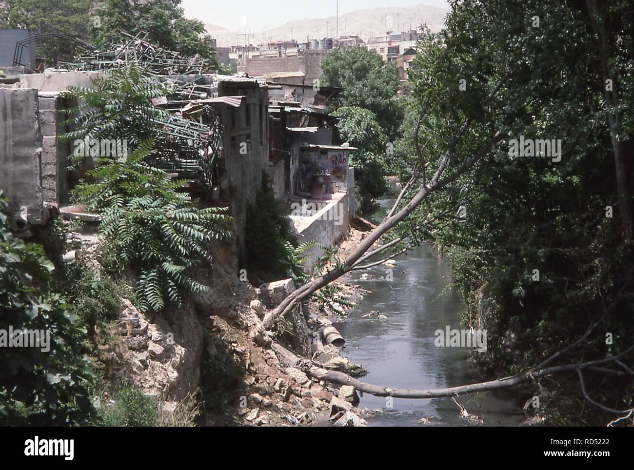 Blick auf die Häuser entlang der Barada Fluss in der Altstadt von Damaskus, Syrien, Juni, 1994 gebaut. () Stockfoto
