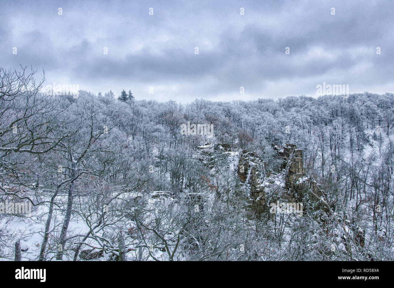 Einen traumhaften Blick auf die schneebedeckten Wald und Felsformationen am Hexentanzplatz Kultstätte in Harz Stockfoto