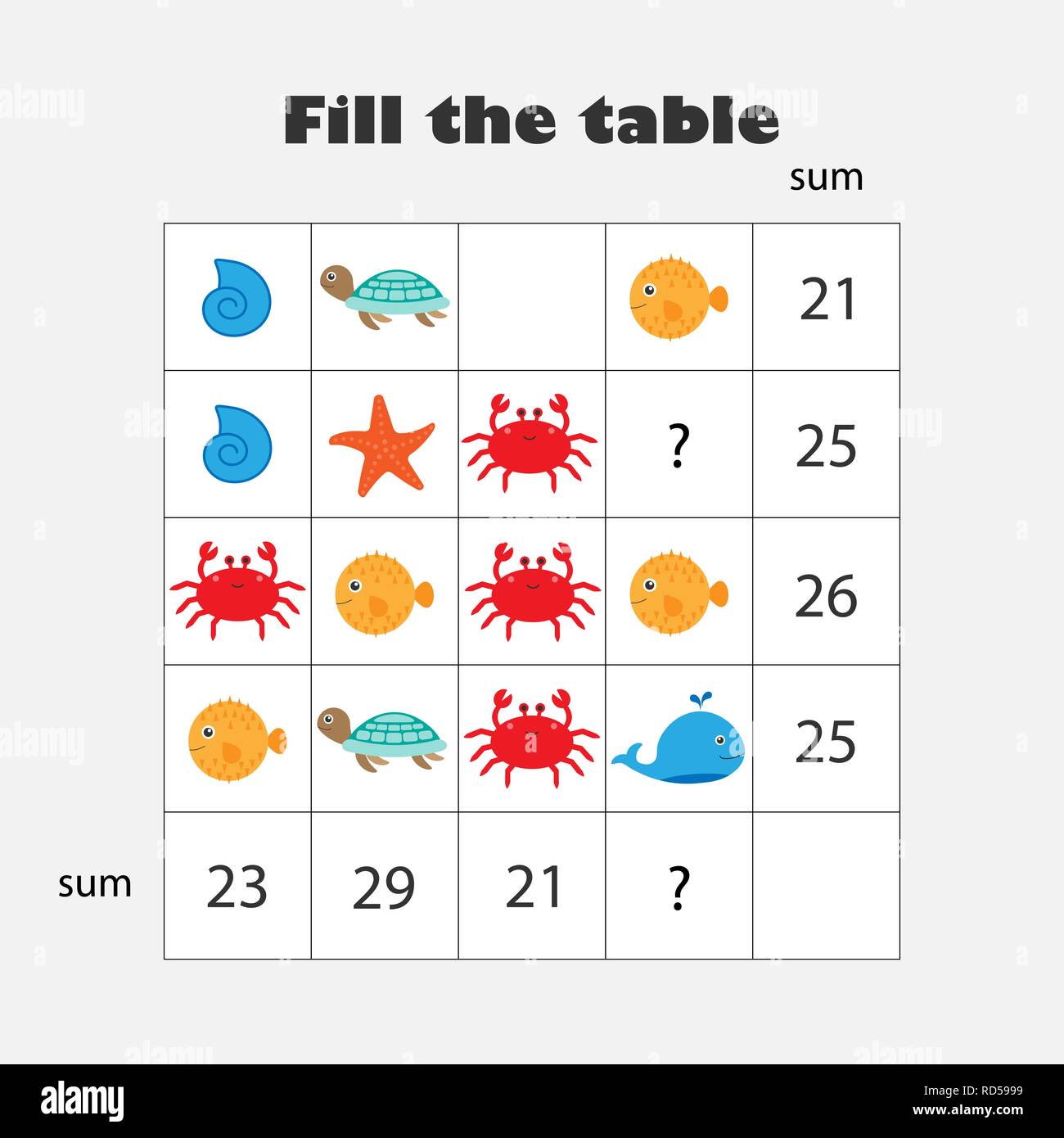Mathematik Spiel mit Bildern, Ozean Tiere Thema, für Kinder, mittlere Stufe, Bildung Spiel für Kinder, Schule Arbeitsblatt Aktivität, Aufgabe der Dev Stock Vektor