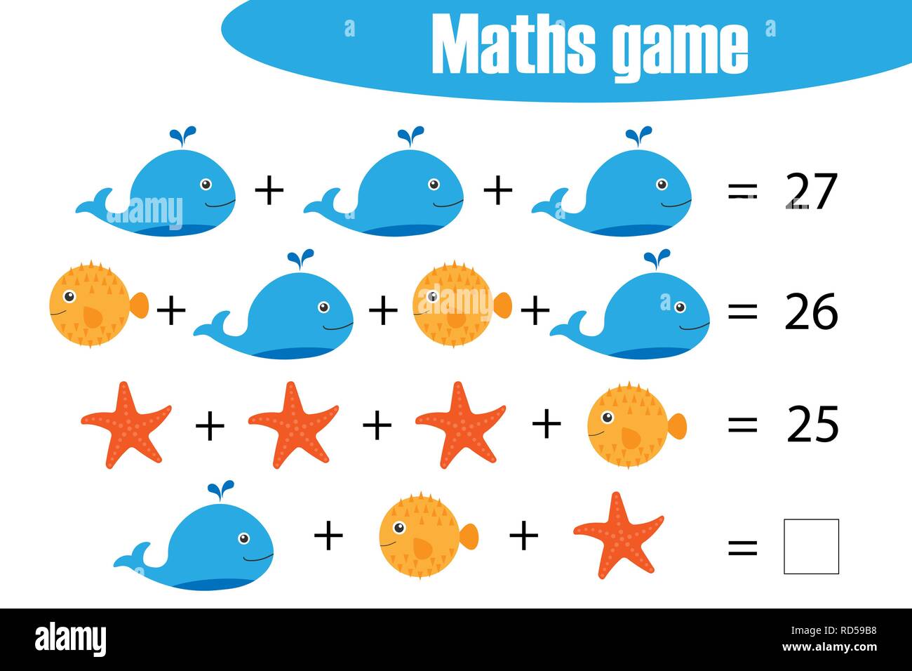 Spiel Math mit Bildern von Meer Tiere für die Kinder, mittlere Stufe, Bildung Spiel für Kinder, Vorschule Arbeitsblatt Aktivität, Aufgabe für die Entwicklung Stock Vektor