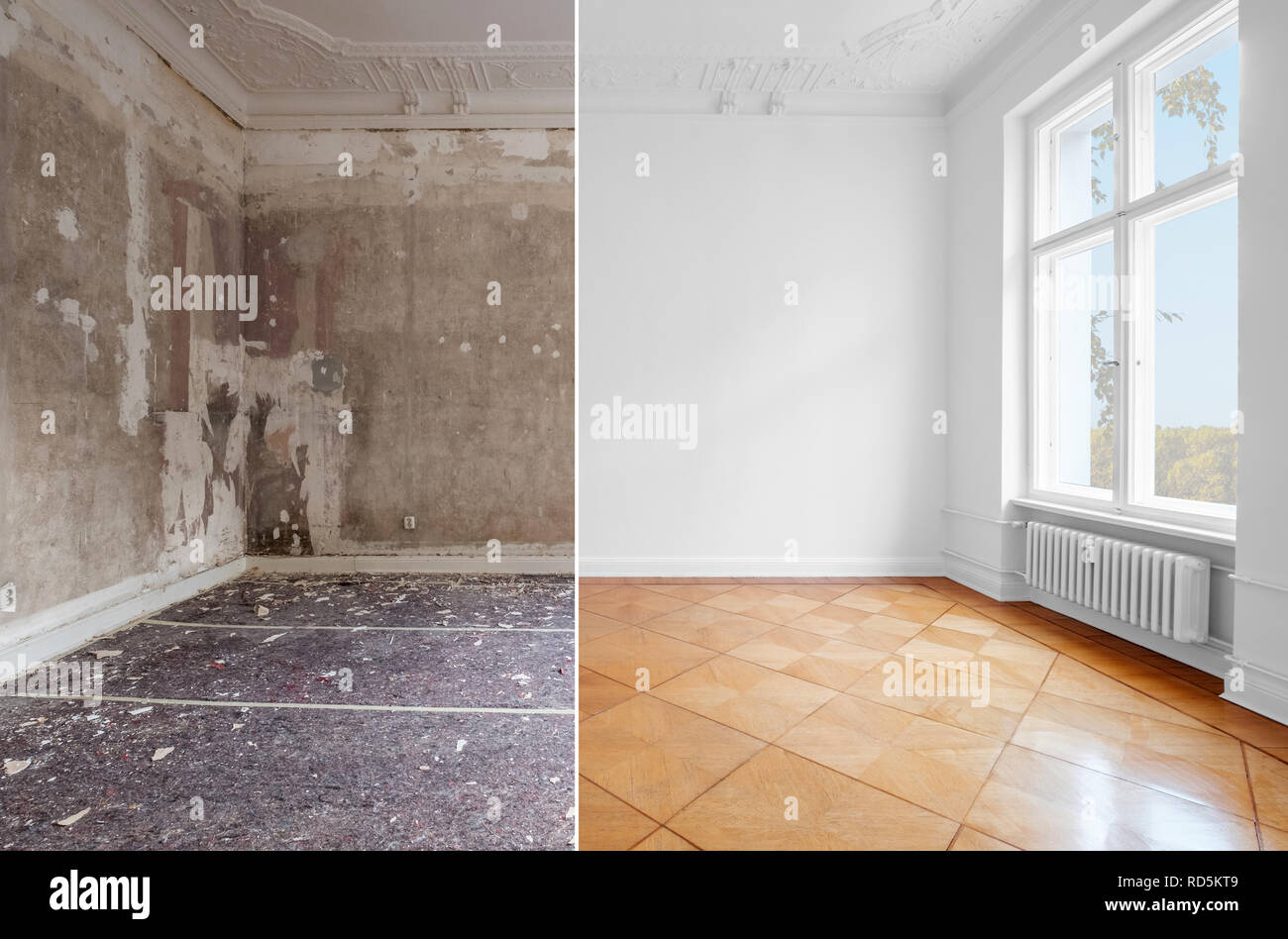 Leere Zimmer in Altbau Sanierung Konzept, vor und nach der Sanierung Stockfoto