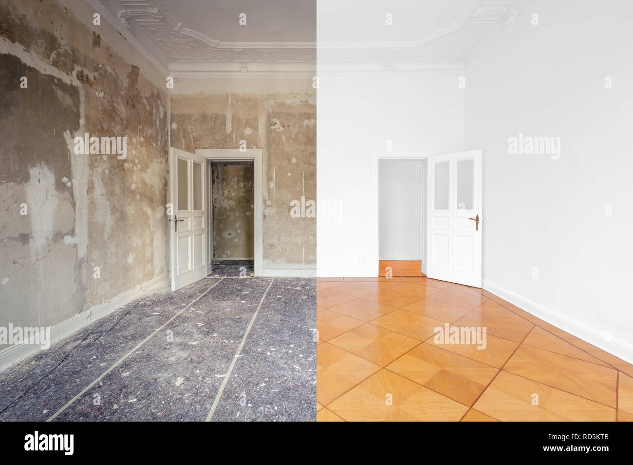 Apartment Zimmer während der Sanierung, vor und nach der Restaurierung/Sanierung Stockfoto