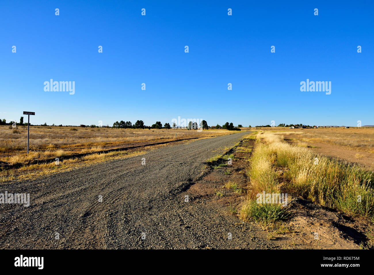 Arizona Landschaft in Prescott Valley mit flachen Landschaft, Schotterstraße, Weide Weide Stockfoto