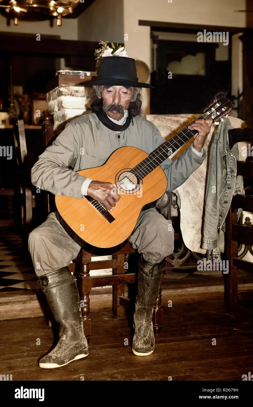 Gaucho singt und spielt Gitarre, San Antonio de Areco, Provinz Buenos Aires, Argentinien, Südamerika Stockfoto