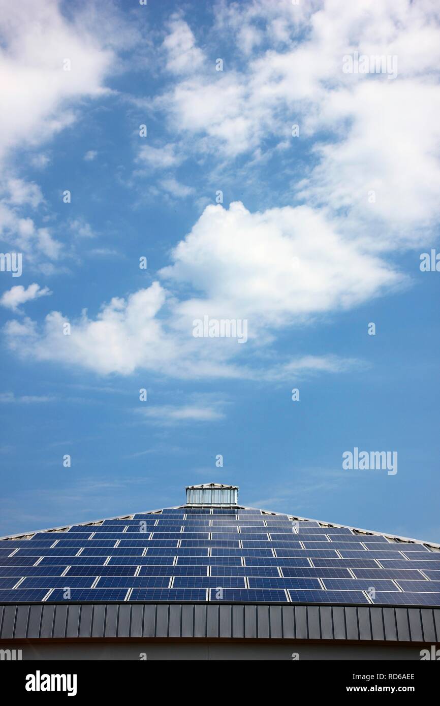 Höhepunkt Dach mit Solarzellen, Dach eines Supermarktes, Rügen, unter Denkmalschutz stehenden Häusern Rugia, Mecklenburg-Vorpommern Stockfoto