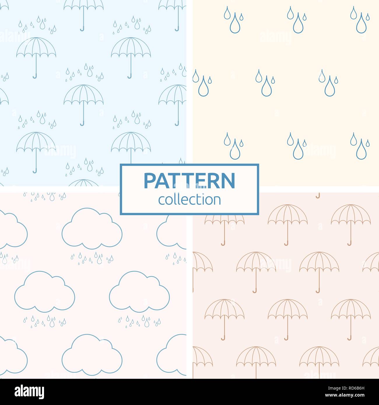 Satz von foura Herbst Farbe einfach minimal Muster mit Sonnenschirmen, Wolken und Regen fällt. Vektor Hintergründe. Stock Vektor