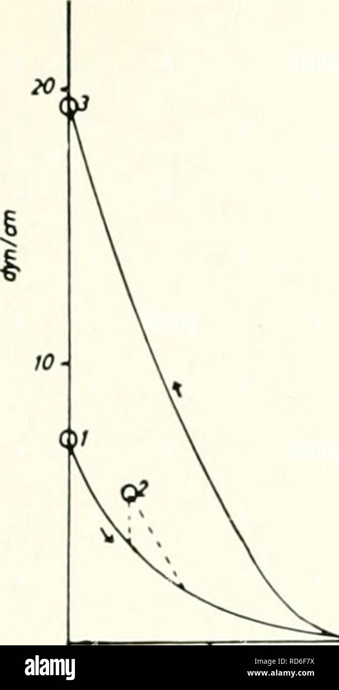 . Elektronenmikroskopie; Verfahren der Konferenz von Stockholm, September, 1956. Elektronenmikroskopie. ijber (Liegen quantitative Spreiturii; von Zellen 129. aSl 1.0' JD '57 mfmg" Abb. 1. FjA-KuTwc von Rindcrserum-Albumin mit Ubertra- gung des Films. Ordinate: Schub in dyn/cm, Abszisse: flii - Chenbedarf in m-/mg Protein; Landkreise: Ubertragung. serumalbumin. Kraftpapier Fliichenkurven (Kraft = F A-Kurwen (Abb. 1)). Es ergeben sich fiir Protein grundsatzlich zwei Kurvenformen: / Dervichian (5) und Joly (II) entwickelt sich der sog. A-Film aus einem voUig expandierten Film und hohere Schiib erreicht Stockfoto