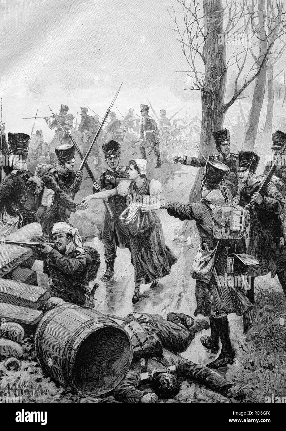 Johanna Stegen Verteilung der Kassetten zu den Soldaten in der Schlacht von Lüneburg am 02.04.1813, historische Darstellung Stockfoto