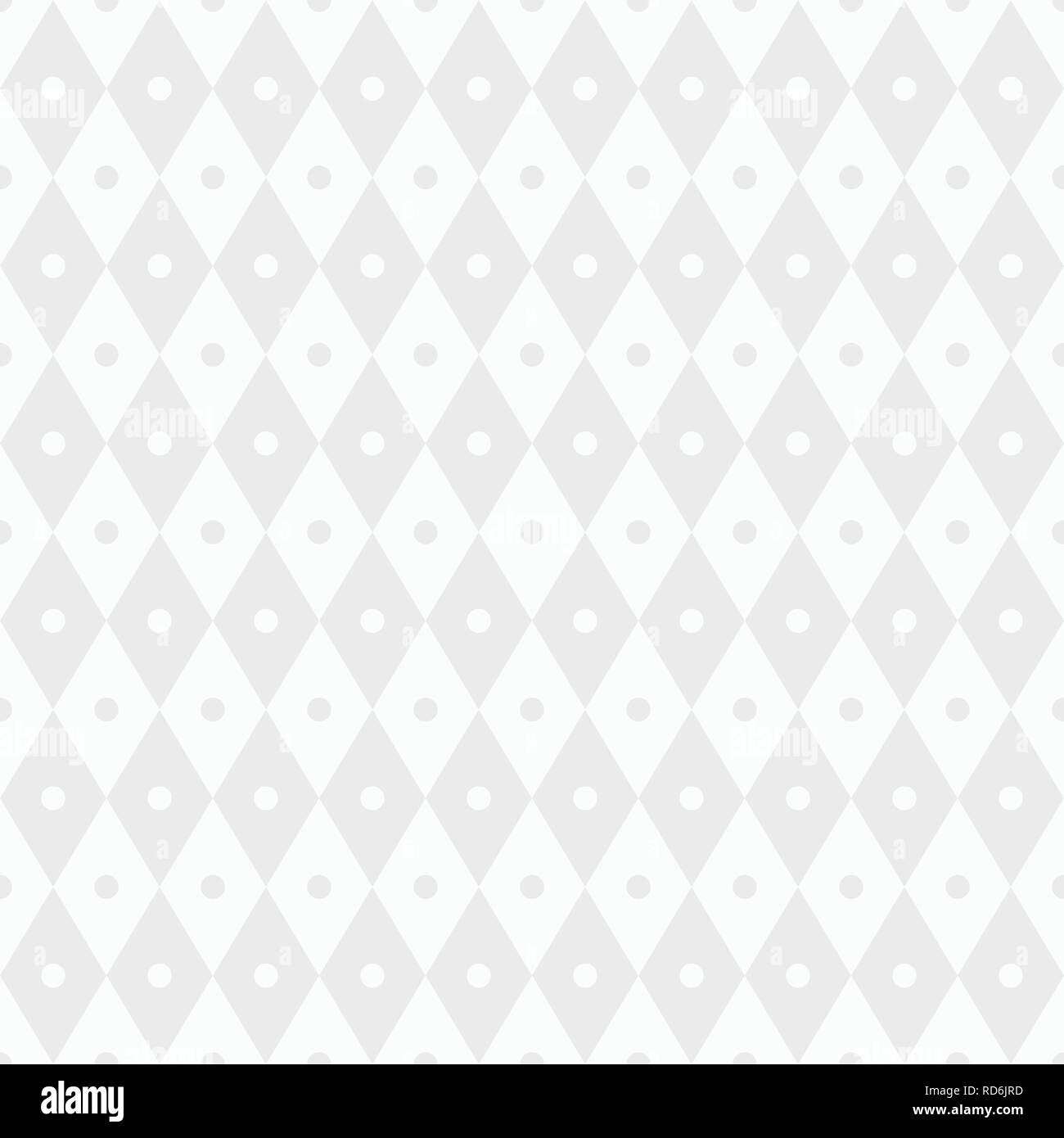 Abstrakte geometrische nahtlose Muster. Regelmäßig Rauten mit Punkten innen wiederholt. Weiße und graue geometrische Struktur. Flache Bauform. Vector Hintergrund. Stock Vektor