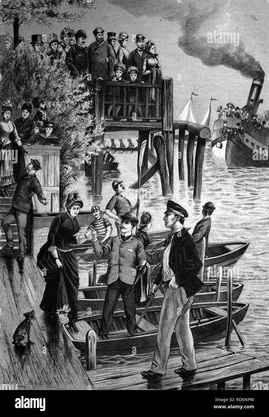 Sonntag Vergnügen auf der Spree in der Nähe von Treptow, Historische Illustration, um 1886 Stockfoto