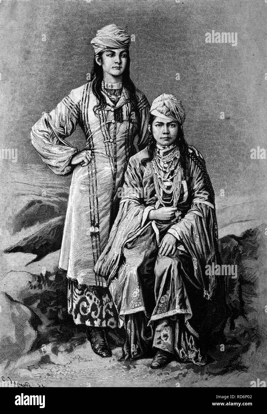 Tajikistan Frau und Sart Frau, Tadschikistan, historische Illustration über 1886 Stockfoto